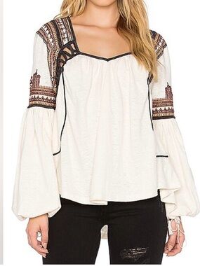 Free People Cream Boho Pheasant Style Black Open Crochet Long Sleeve Top Sz XS